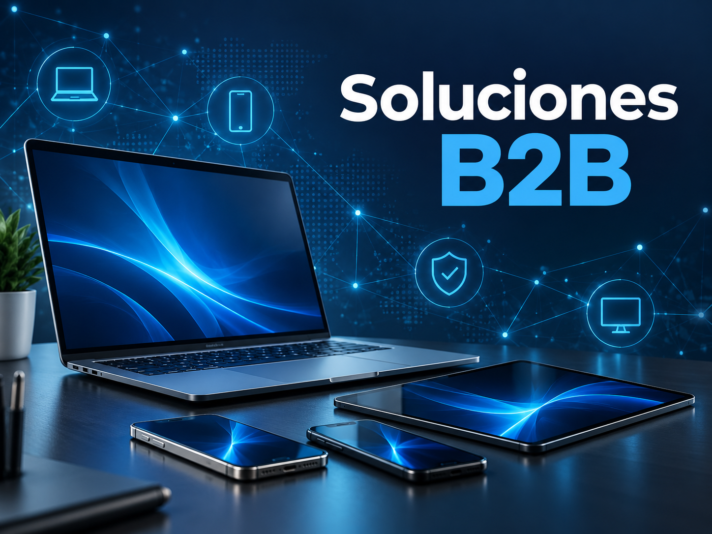 Soluciones B2B: móviles, tablet y portátil sobre un fondo azul con conexiones digitales. Imagen conceptual.