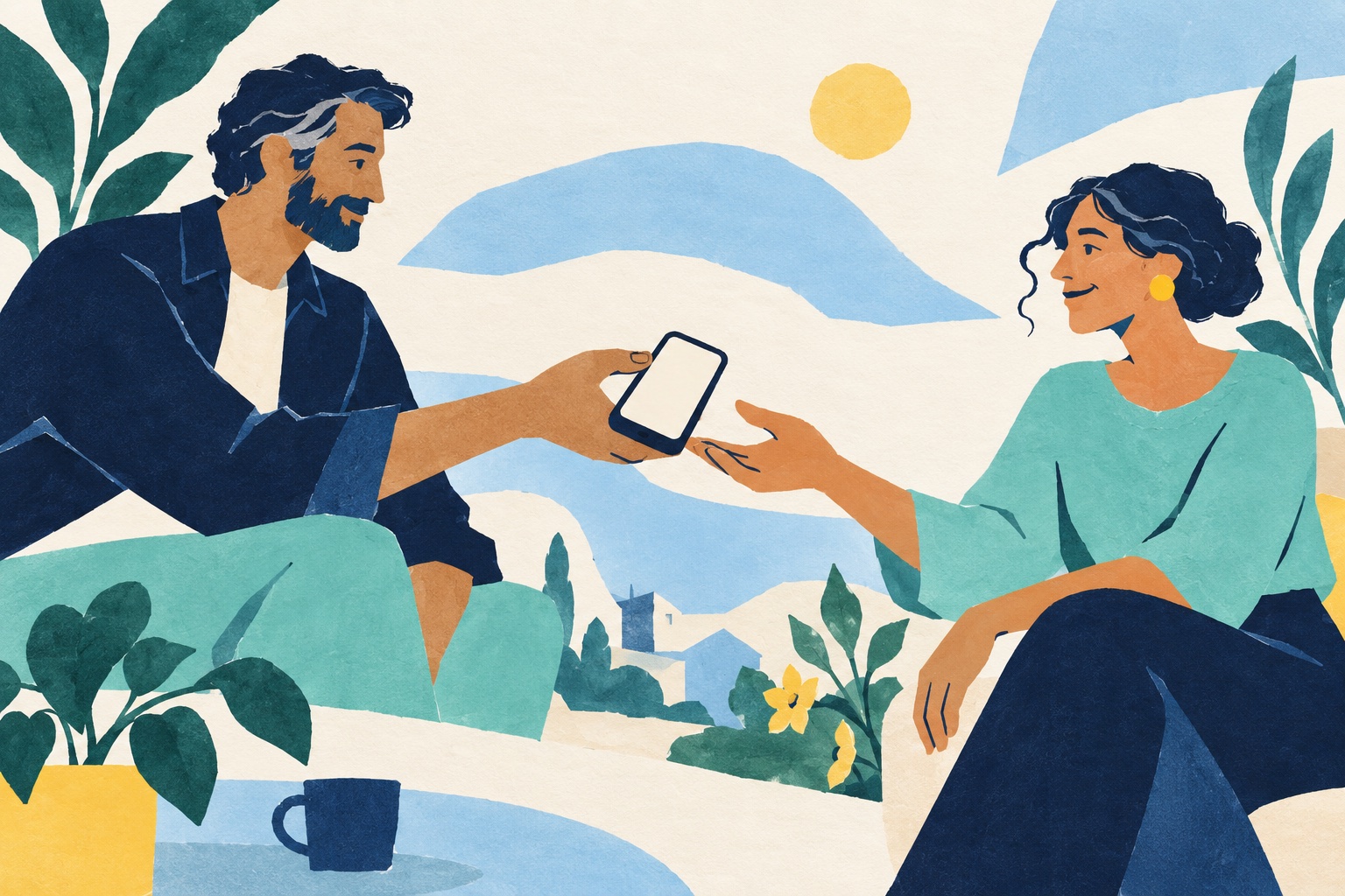 Ilustración conceptual de personas que dan una segunda vida a un móvil